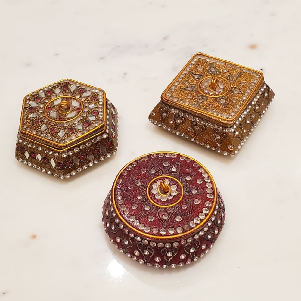 Set of 3 Gold/Red/Silver Sparkly Vintage Trinket Boxes